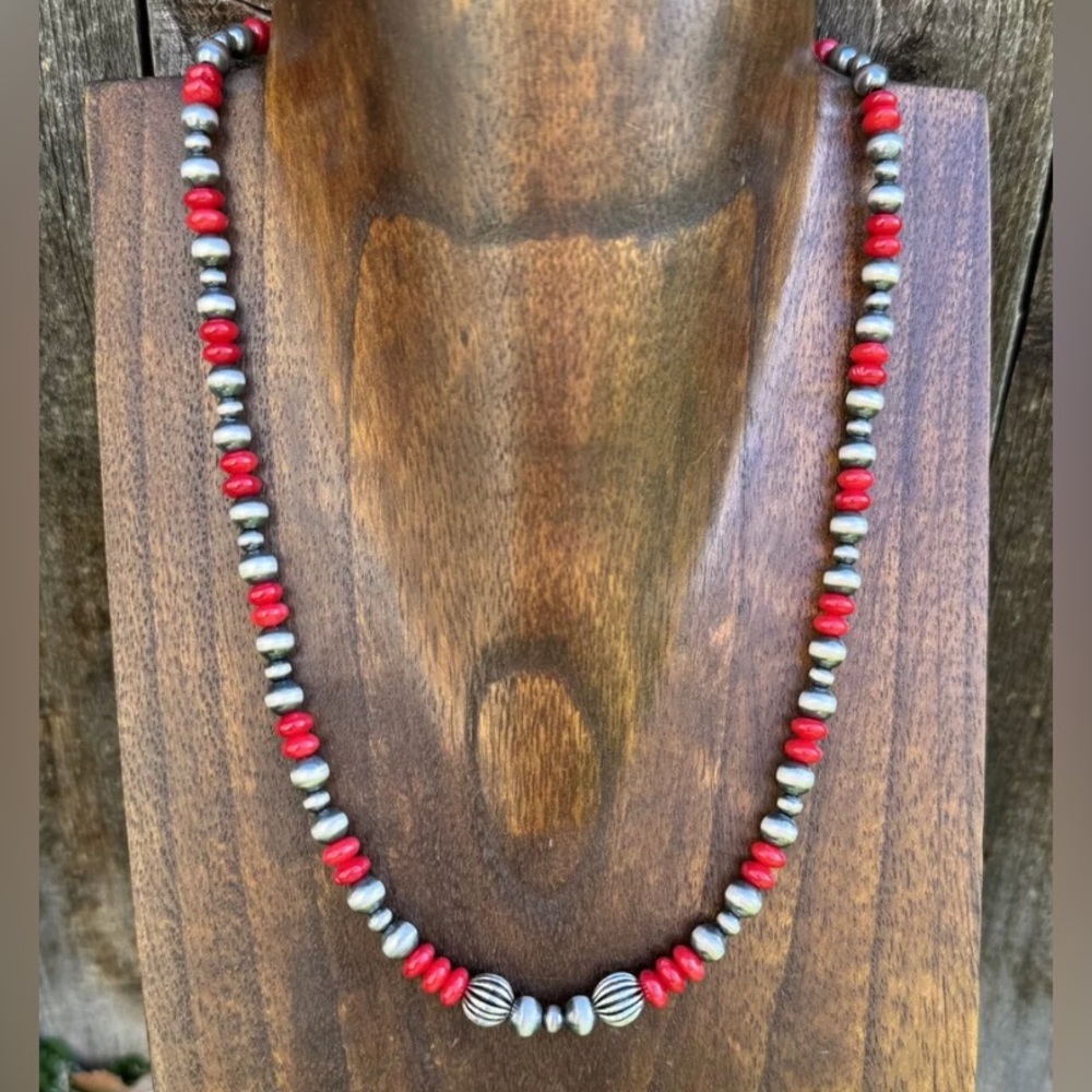 Sterling Silver Red Coral W 6mm 4mm Pearls Bead Necklace 18 inch